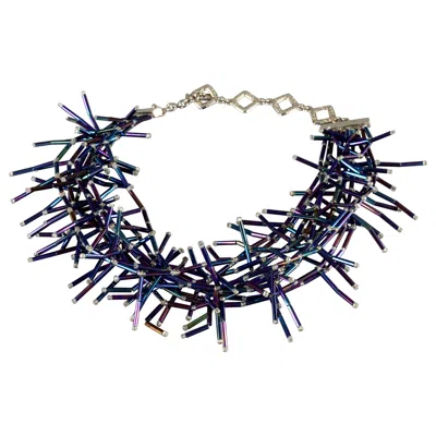 Pre-owned Saint Laurent Vintage Yves  Ysl Spiky Iridescent Blue Glass Bead Choker Necklace