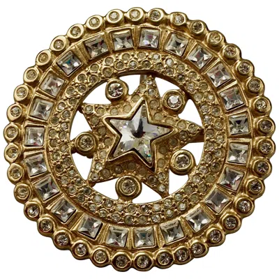 Pre-owned Saint Laurent Vintage Yves  Ysl Star Rhinestone Medallion Disc Brooch In Brown