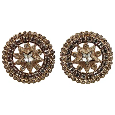 Pre-owned Saint Laurent Vintage Yves  Ysl Star Rhinestone Medallion Disc Earrings In Brown