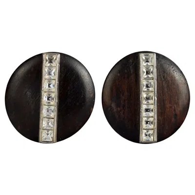 Pre-owned Saint Laurent Vintage Yves  Ysl Wood Rhinestone Disc Earrings In Multi
