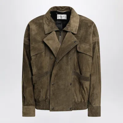 Saint Laurent Vintage-effect Suede Bomber Jacket With Wide Collar And Patch Pockets In Green