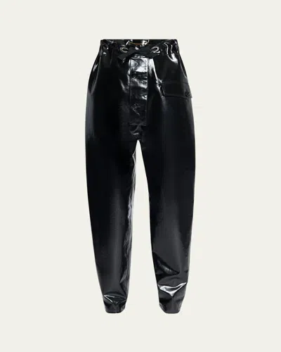 Saint Laurent Vinyl Cinched High Waisted Drawstring Pants In Natural Bl