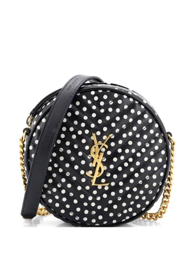 Pre-owned Saint Laurent Vinyle Round Camera Bag Print Matelasse Chevron Leather Crossbody Bag In Black