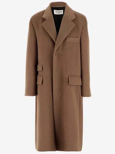 Saint Laurent Single-breasted Wool Long Coat In Beige