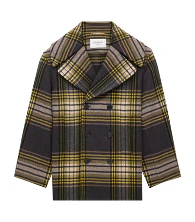 Saint Laurent Virgin Wool Check Pea Coat In Gray