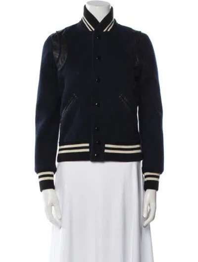 Pre-owned Saint Laurent Virgin Wool Colorblock Pattern Bomber Jacket In Blue