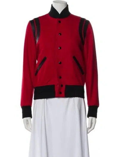 Pre-owned Saint Laurent Virgin Wool Colorblock Pattern Bomber Jacket In Red