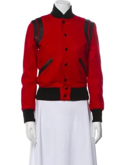 Pre-owned Saint Laurent Virgin Wool Colorblock Pattern Bomber Jacket In Red