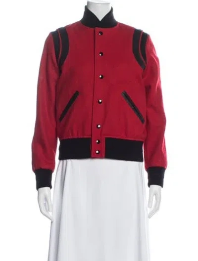 Pre-owned Saint Laurent Virgin Wool Colorblock Pattern Bomber Jacket In Red