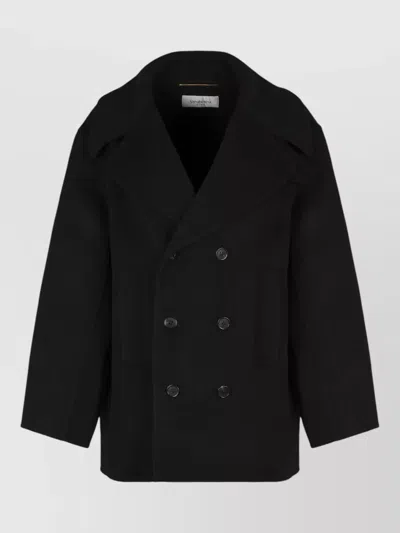 Saint Laurent Virgin Wool Double-breasted Peacoat With Silk Finish In Black