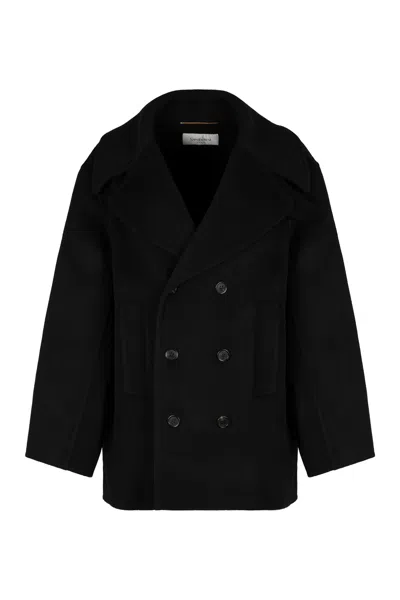 Saint Laurent Virgin Wool Double-breasted Peacoat With Silk Finish In Black