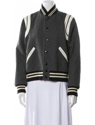 Pre-owned Saint Laurent Virgin Wool Graphic Print Bomber Jacket In Gray