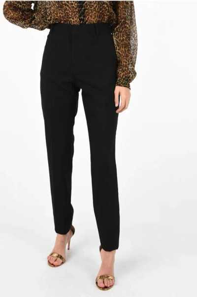 Saint Laurent Virgin Wool High Waist Slim Fit Trousers In Black