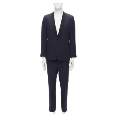 Pre-owned Saint Laurent Virgin Wool Navy Classic Satin Shawl Collar Tux Blazer Suit Eu50 L In Blue