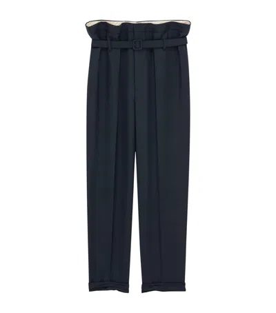 Saint Laurent Virgin Wool Paperbag Slim Trousers In Blue
