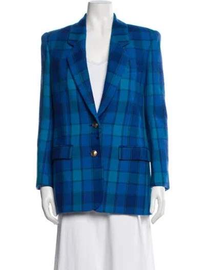 Pre-owned Saint Laurent Virgin Wool Plaid Print Blazer W/ Tags In Blue