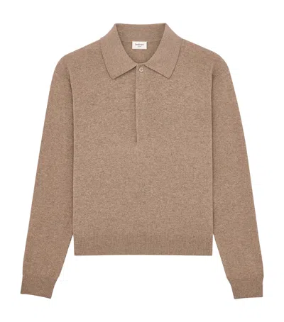 Saint Laurent Virgin Wool Polo Sweater In Brown