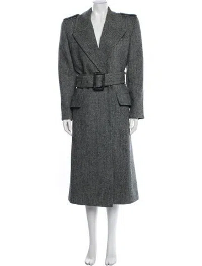 Pre-owned Saint Laurent Virgin Wool Tweed Pattern Trench Coat In Grey