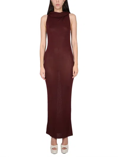 Saint Laurent Maroon Halter Neck Long Dress In Bordeaux