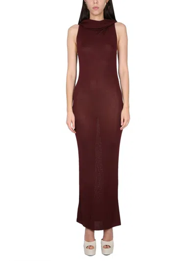 Saint Laurent Maroon Halter Neck Long Dress In Bordeaux
