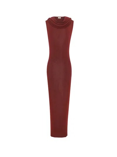 Saint Laurent Maroon Halter Neck Long Dress In Bordeaux
