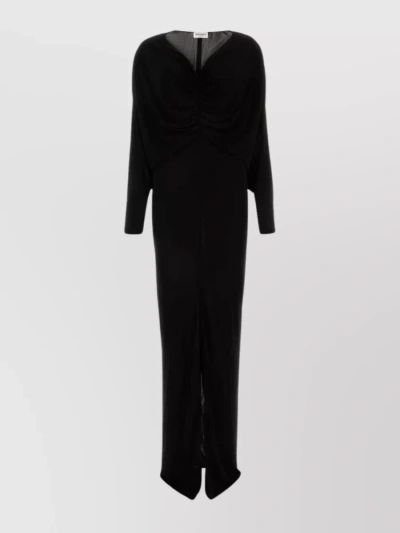 Saint Laurent Viscose Long Dress With Velvet Texture In Black