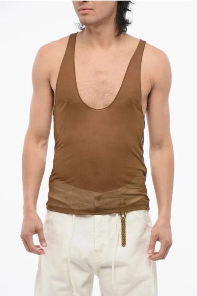 Saint Laurent Viscose Sheer Tank Top With Deep Neckline In Brown