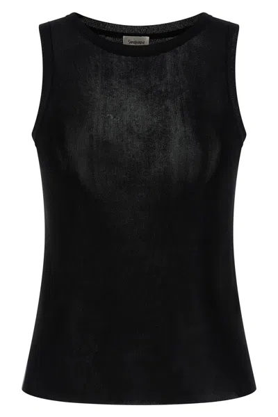 Saint Laurent Sleeveless Viscose Top Round Neck Sheer In Black