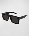 Saint Laurent Vitti Flat-top Acetate Rectangle Sunglasses In Shiny Solid Black