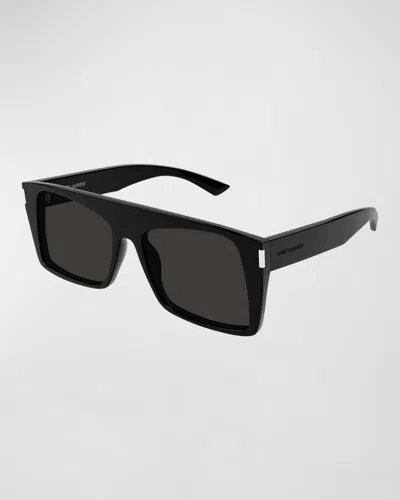 Saint Laurent Vitti Flat-top Acetate Rectangle Sunglasses In Shiny Solid Black