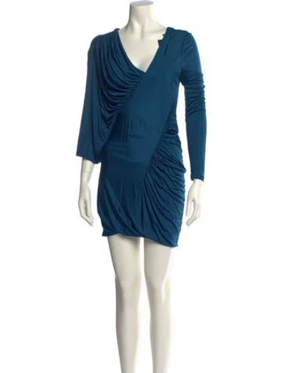 Pre-owned Saint Laurent V-neck Mini Dress W/ Tags In Blue