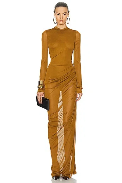 Saint Laurent Ruched Jersey Maxi Dress In Cumin