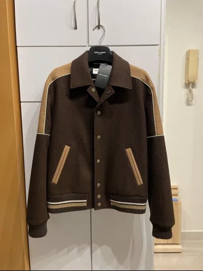 Pre-owned Saint Laurent W Tags -  Wool Varsity Jacket - 48 In Brown