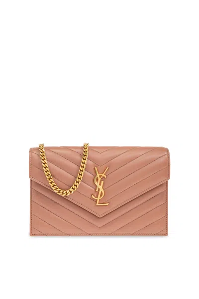 Saint Laurent Wallet Cassandre On A Chain In Pink