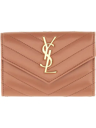 Saint Laurent Wallet "envelope Matelassé Small Cassandre" In Brown