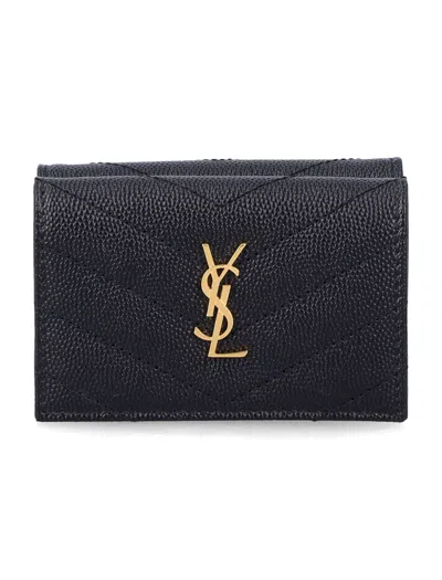 Saint Laurent Wallet Tri-fold Monogram Origami Tiny Wallet Quilted Grained Leather In Black