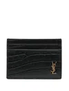 Saint Laurent Tiny Cassandre Card Case In Crocodile-embossed Matte Leather In Black