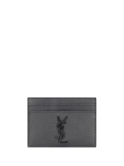 Saint Laurent Leather Textured Card Holder In Grey