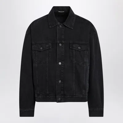 Saint Laurent Washed Denim Jacket With Classic Trucker Styling In Black