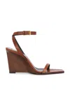 Saint Laurent 90mm May Leather Ankle-strap Wedge Sandals In Bruciato