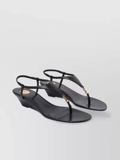Saint Laurent Wedge Sandals With Ankle Strap And T-strap Design In Black