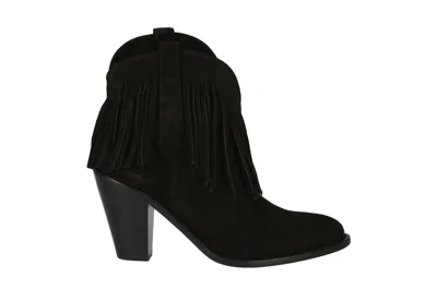 Pre-owned Saint Laurent Western Fringed Ankle Boots Black Suede (women's)