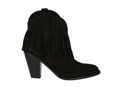 Pre-owned Saint Laurent Western Fringed Ankle Boots Suede (women's) Sneakers In Black