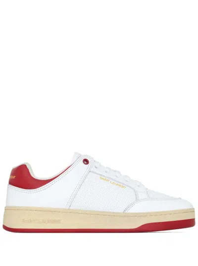 Saint Laurent White And Red Low Top Sneakers With Logo Detail In Leather Man In White And Vintage Red
