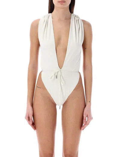 Saint Laurent White Backless V-halter Swimsuit
