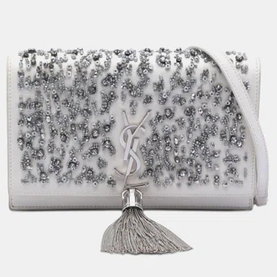 Pre-owned Saint Laurent White Beaded Calfskin Monogram Kate Tassel Wallet On Chain