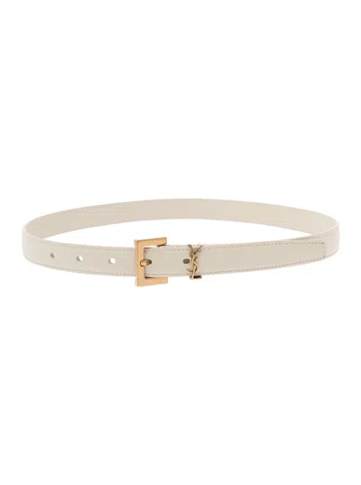 Saint Laurent White Belt With Cassandre Logo Buckle In Leather Woman