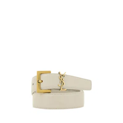 Saint Laurent White Calf Leather Bos Taurus Regular Belt In Neutral
