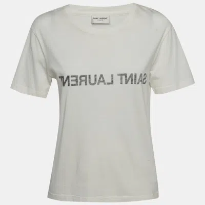 Pre-owned Saint Laurent White Cotton Inverted Logo Printed Cotton Knit T-shirt M