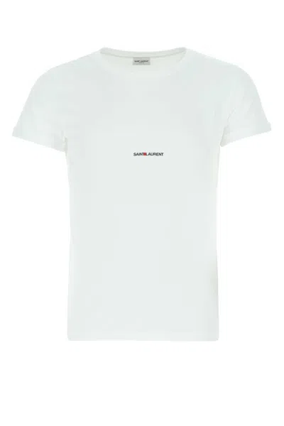 Saint Laurent Men White Crewneck T-shirt With Logo Lettering Detail On The Front In Cotton Man